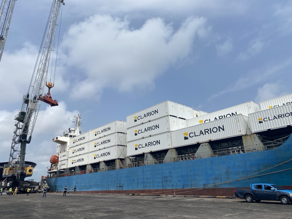 Clarion vessel loading containers at a Nigerian port